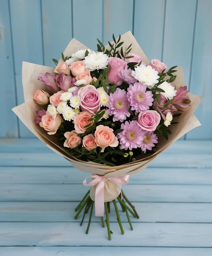Букет цветов из: Хризантемы, Розы и Альстромерии в Подгорном