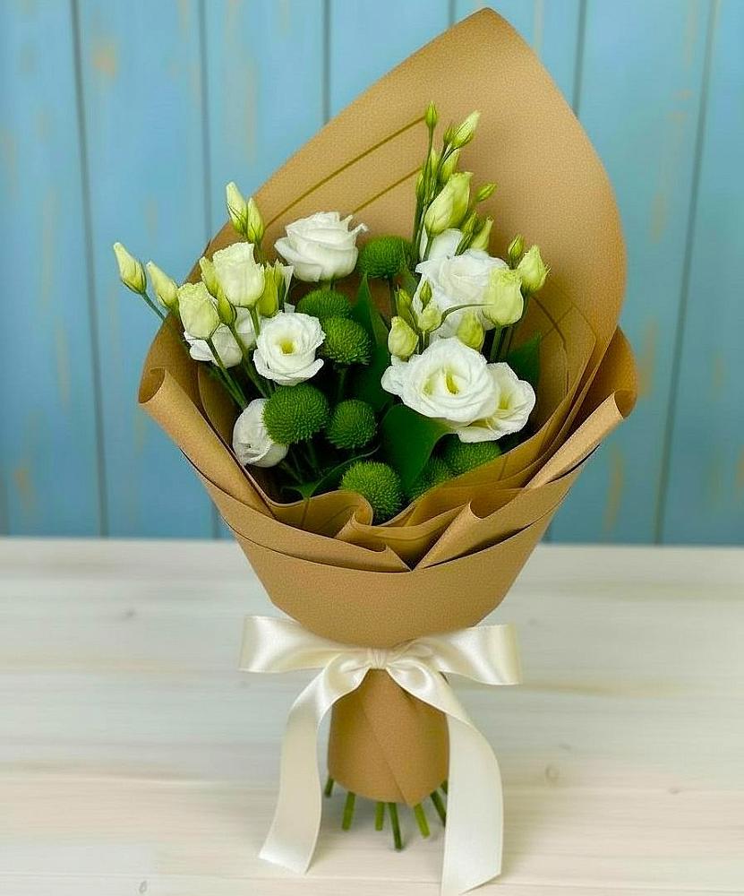 Букет цветов из: Хризантемы и Лизиантусы в Подгорном