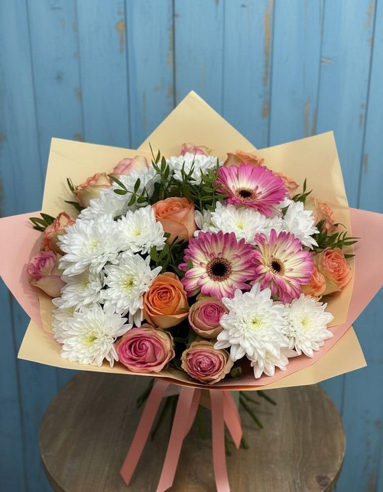 Букет цветов из: Розы, Герберы и Хризантемы в Подгорном