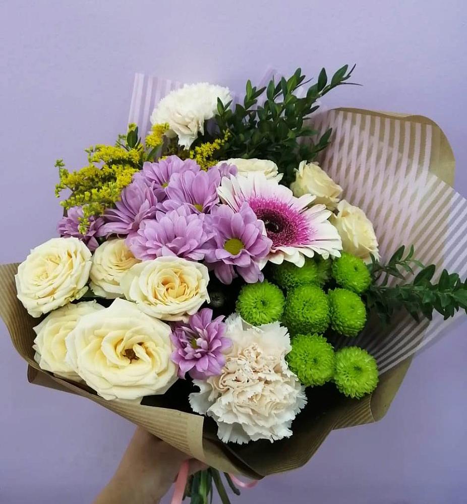 Букет цветов из: Хризантемы, Розы, Гвоздики и Герберы в Подгорном